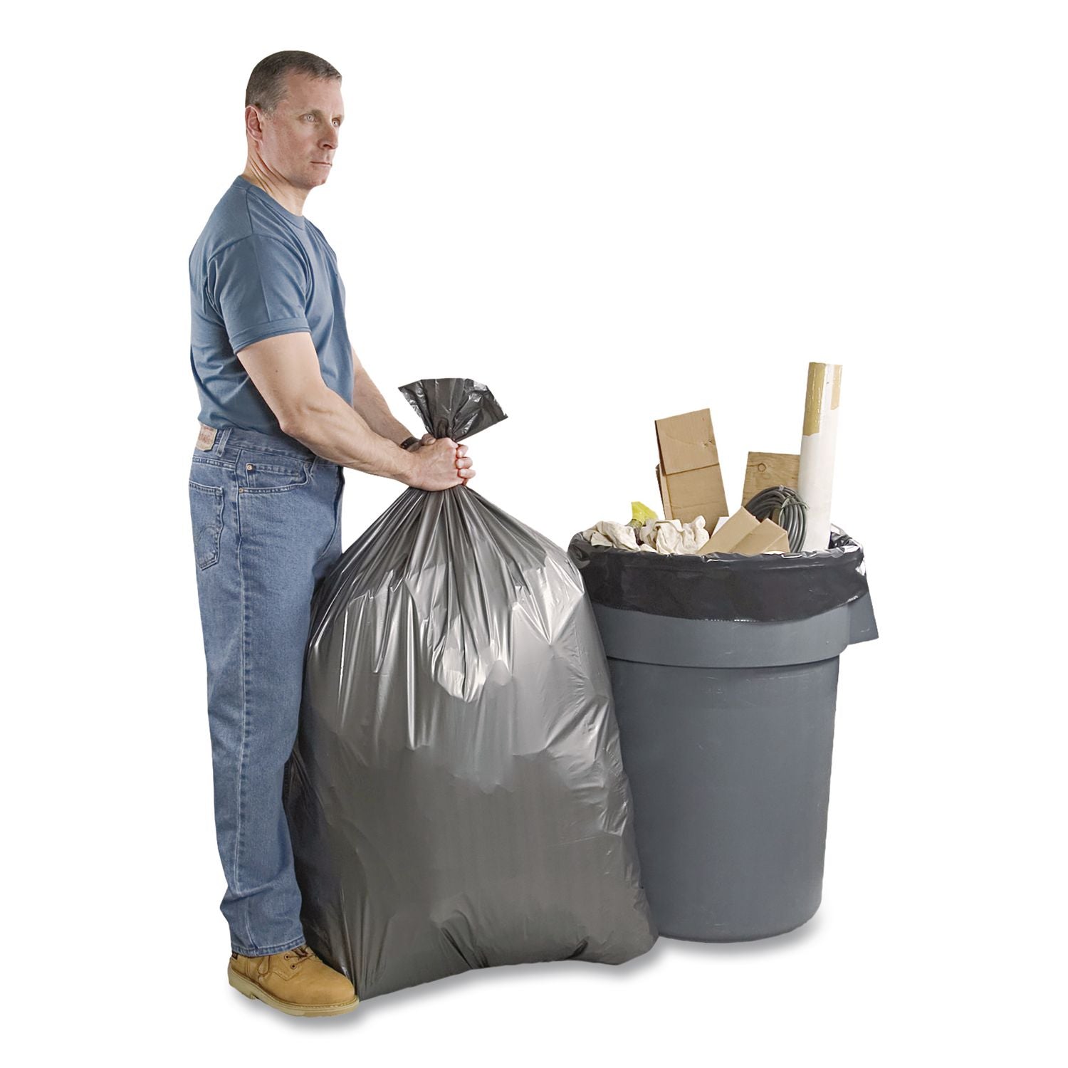Can Liners, 45 gal, 1.55 mil, 39" x 46", Gray, 10 Bags/Roll, 5 Rolls/Carton