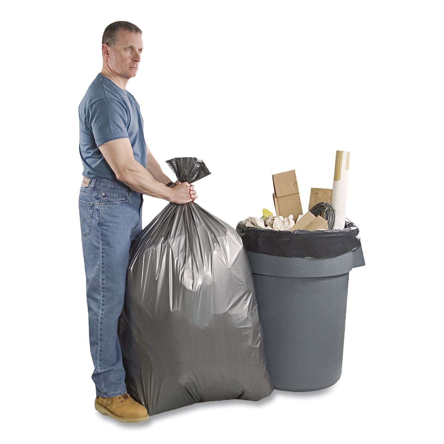 Can Liners, 60 gal, 1.55 mil, 39" x 56", Gray, 5 Bags/Roll, 5 Rolls/Carton