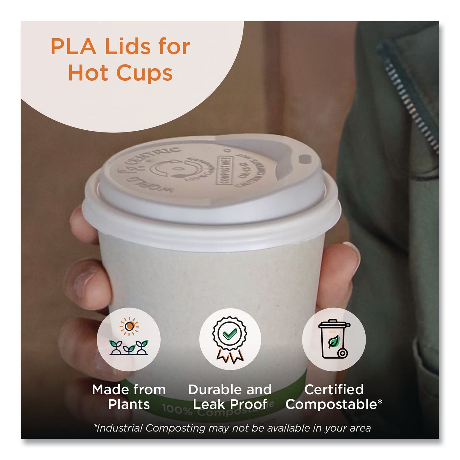 PLA Lids for Hot Cups, Fits 10 oz to 20 oz Cups, White, 1,000/Carton