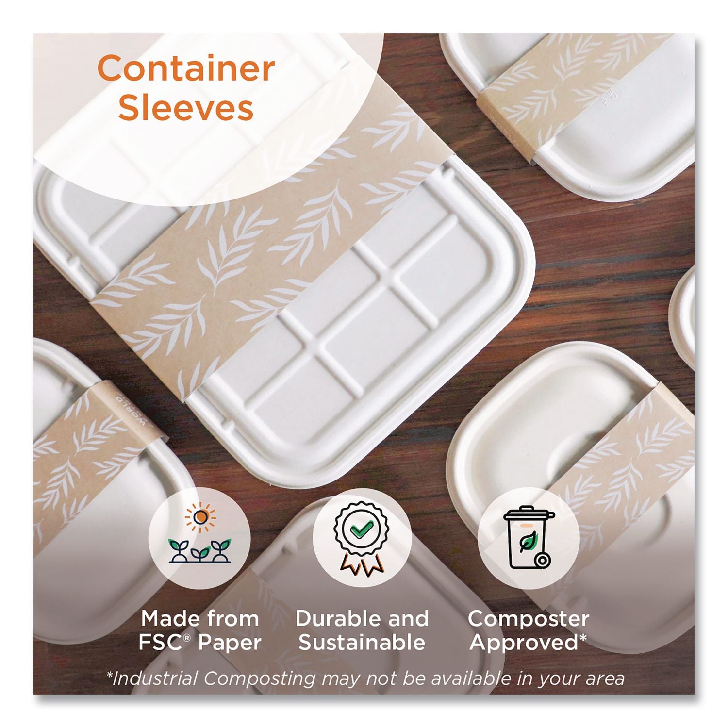 Fiber Container Sleeves, World Centric Leaf Design, 7.5" x 10" x 3.25", Natural, Paper, 800/Carton