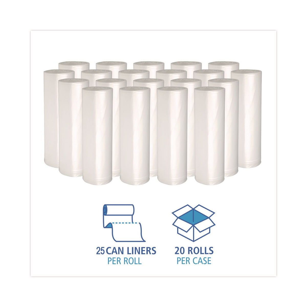 High Density Can Liners, 30 gal, 8 mic, 30" x 36", Natural, 25 Bags/Roll, 20 Rolls/Carton