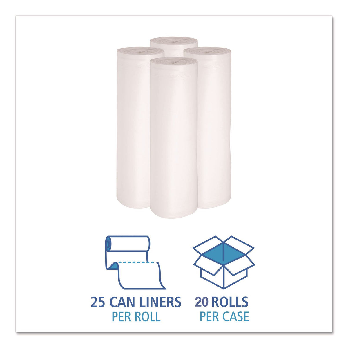 High Density Can Liners, 30 gal, 8 mic, 30" x 36", Natural, 25 Bags/Roll, 20 Rolls/Carton