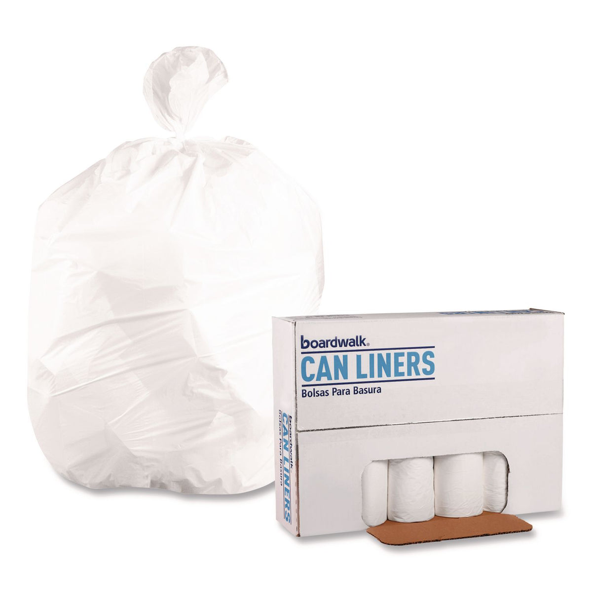 High Density Can Liners, 30 gal, 8 mic, 30" x 36", Natural, 25 Bags/Roll, 20 Rolls/Carton