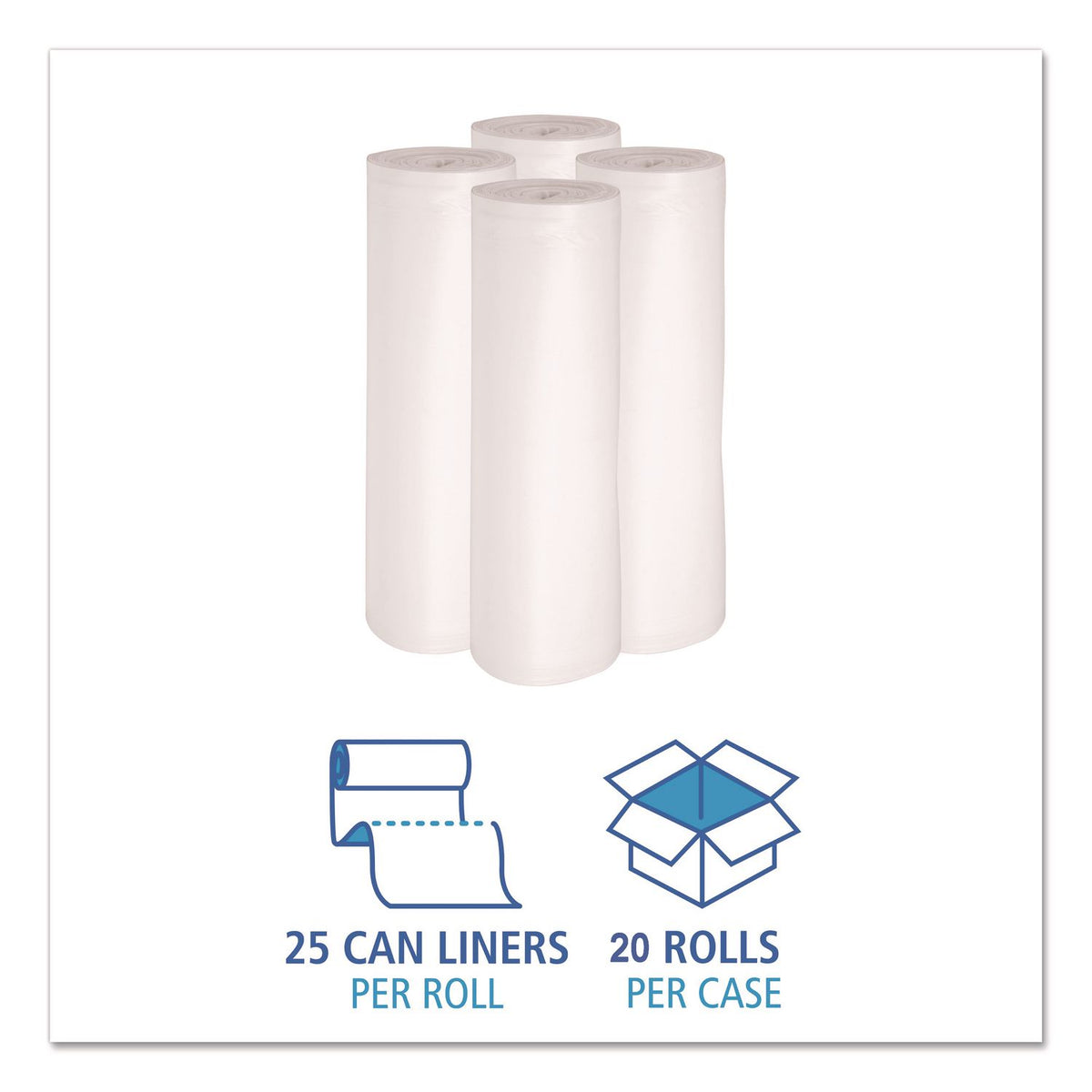 High Density Can Liners, 30 gal, 10 mic, 30" x 36", Natural, 25 Bags/Roll, 20 Rolls/Carton