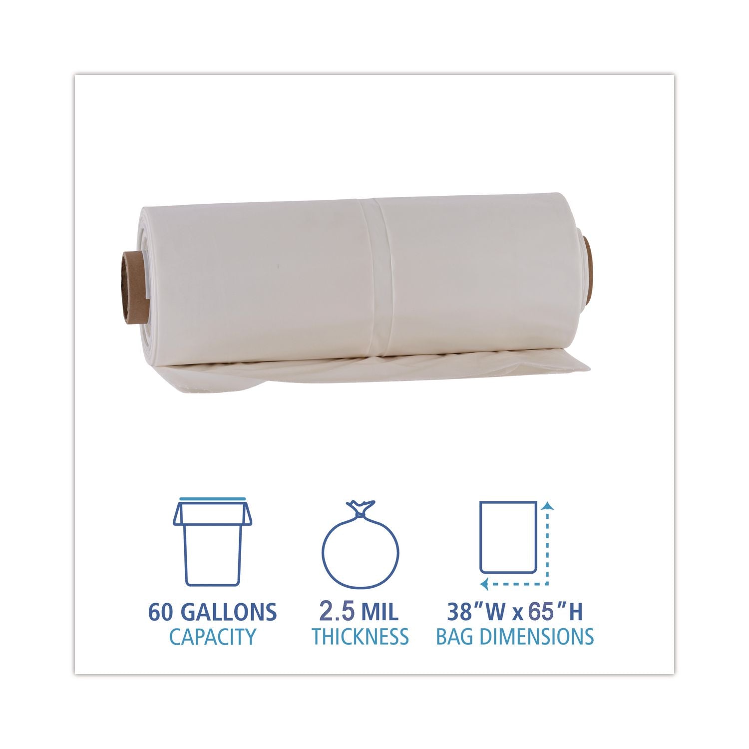 Industrial Drum Liners Rolls, 60 gal, 2.5 mil, 38 x 65, Clear, 1 Roll 50 Bags