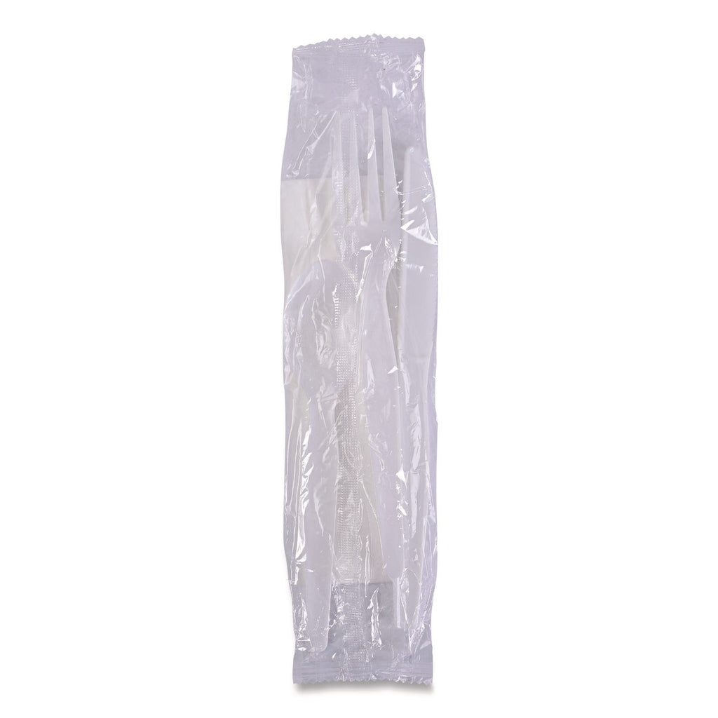 Four-Piece Cutlery Kit, Fork/Knife/Napkin/Teaspoon, White, Polypropylene, 250/Carton