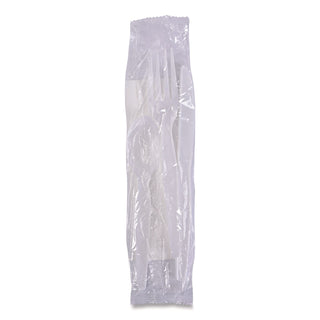 Four-Piece Cutlery Kit, Fork/Knife/Napkin/Teaspoon, White, Polypropylene, 250/Carton