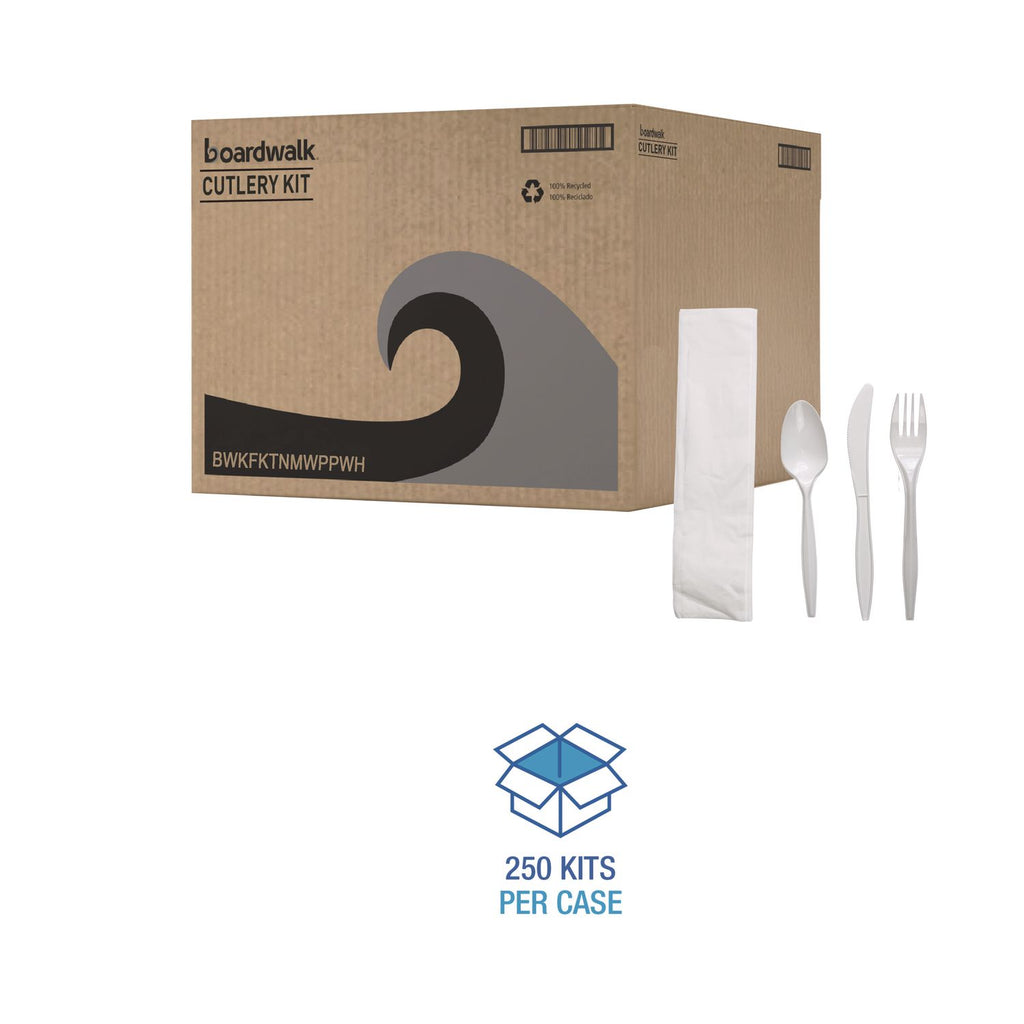 Four-Piece Cutlery Kit, Fork/Knife/Napkin/Teaspoon, White, Polypropylene, 250/Carton