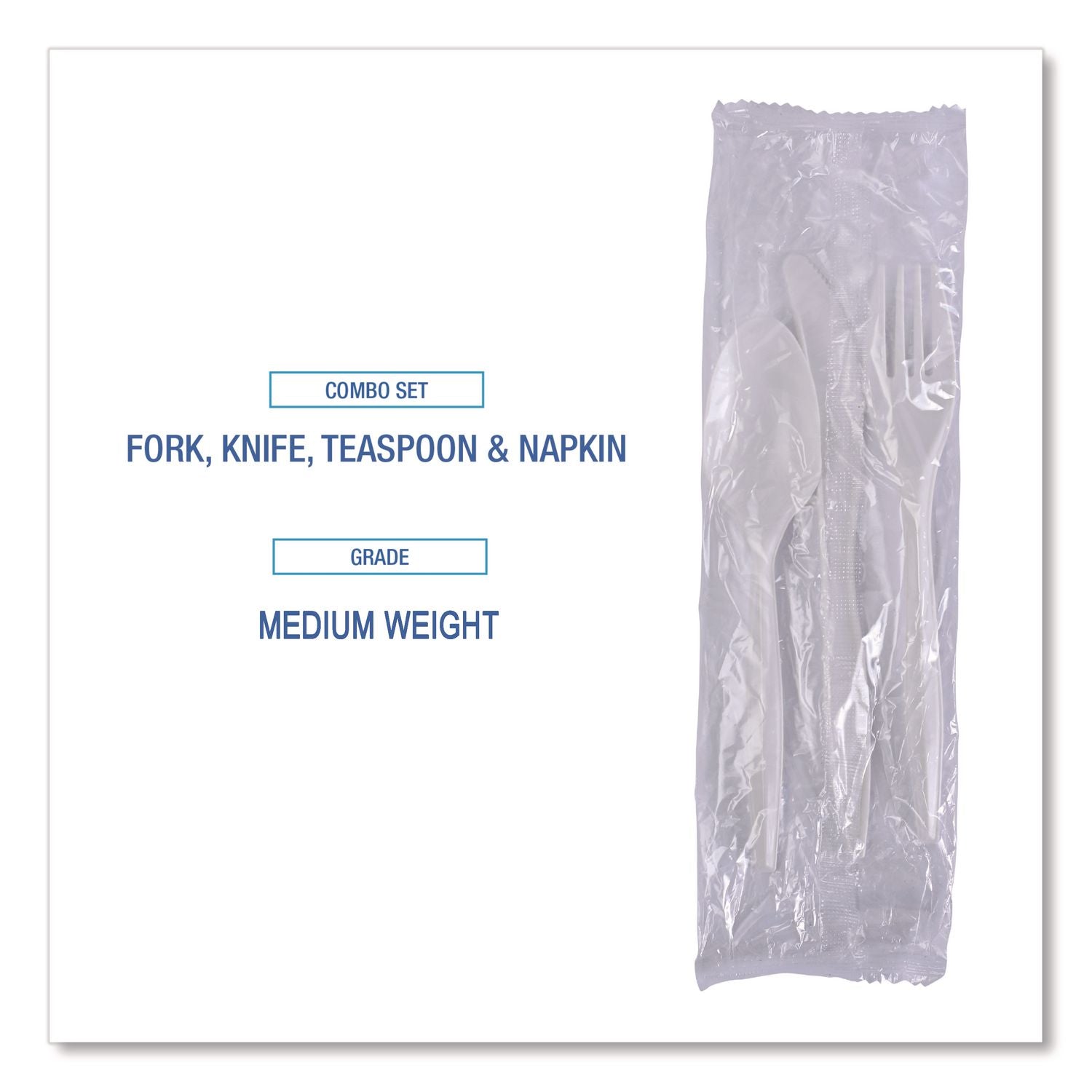 Four-Piece Cutlery Kit, Fork/Knife/Napkin/Teaspoon, White, Polypropylene, 250/Carton