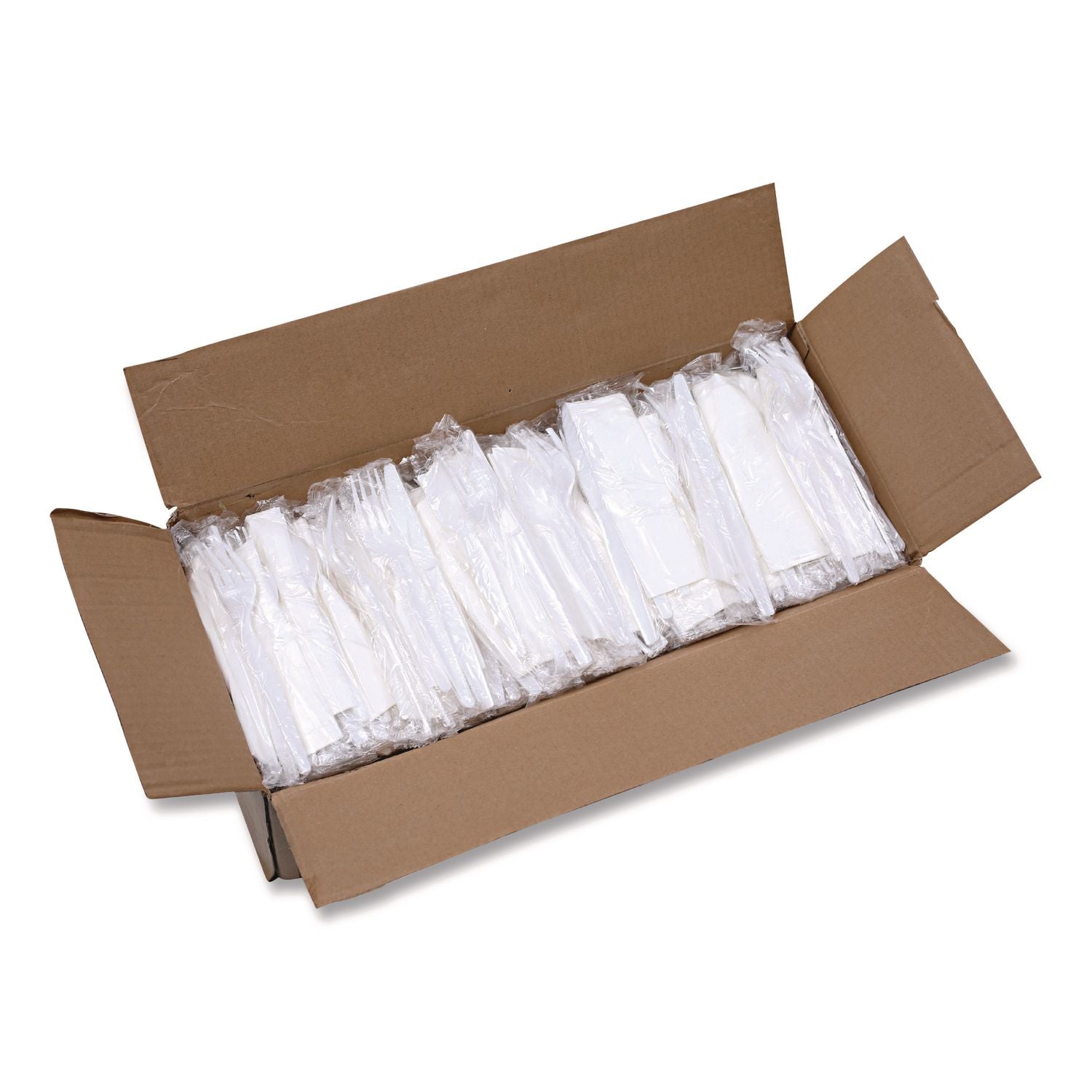 Four-Piece Cutlery Kit, Fork/Knife/Napkin/Teaspoon, White, Polypropylene, 250/Carton