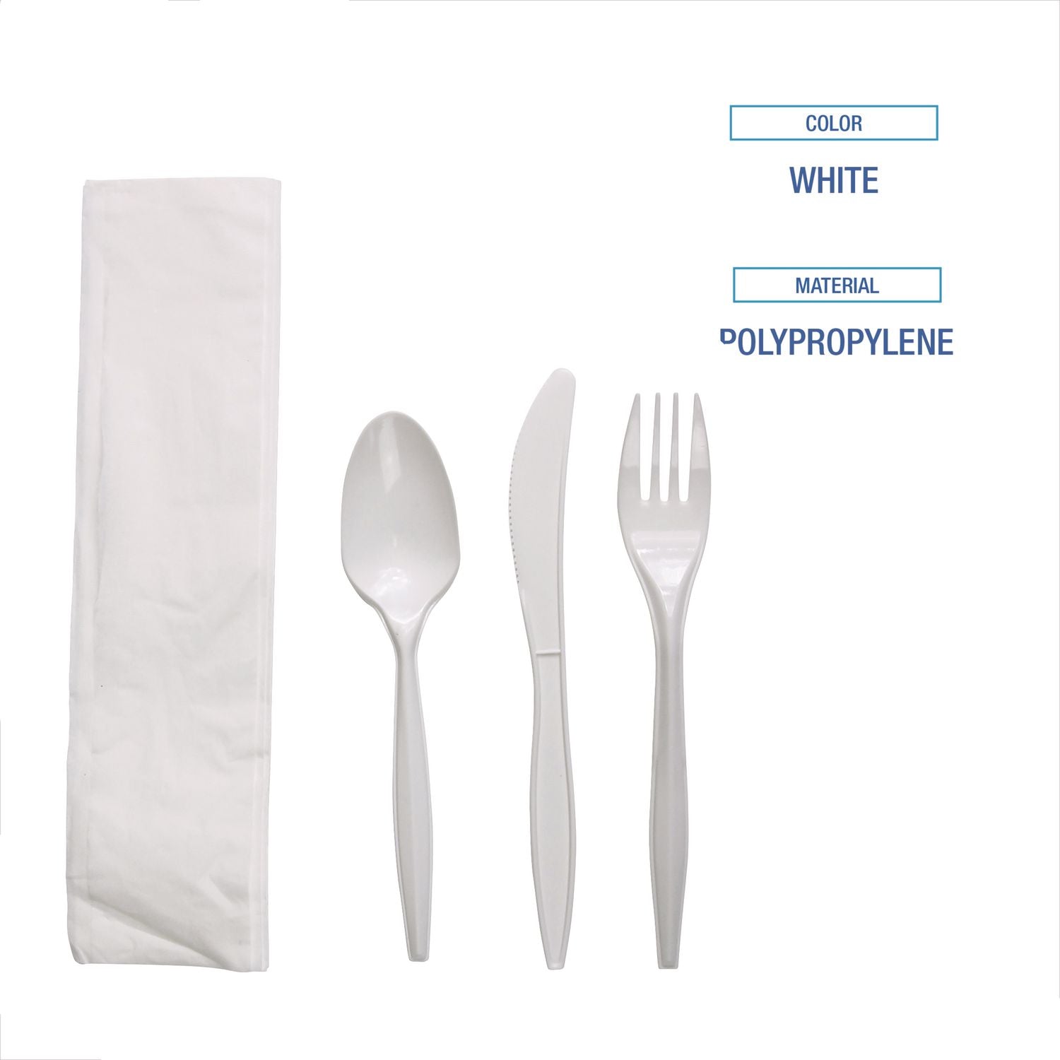 Four-Piece Cutlery Kit, Fork/Knife/Napkin/Teaspoon, White, Polypropylene, 250/Carton