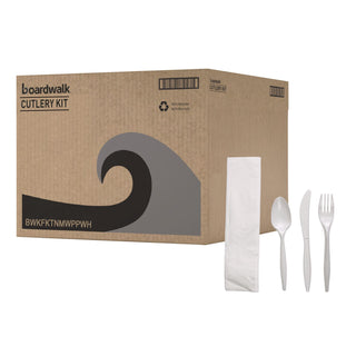 Four-Piece Cutlery Kit, Fork/Knife/Napkin/Teaspoon, White, Polypropylene, 250/Carton