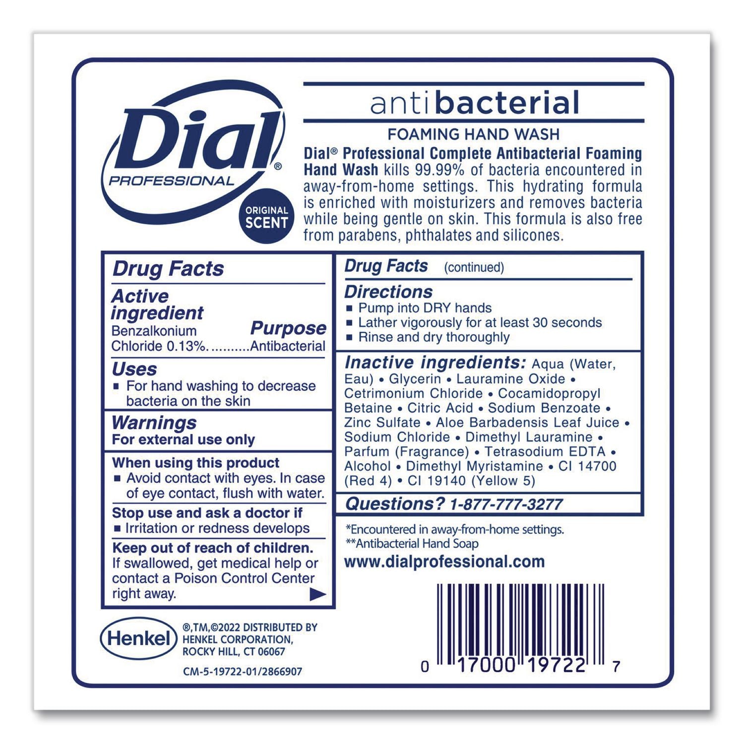 Antibacterial Foaming Hand Wash Refill for Dial 1700 V Dispenser, Original, 1.7 L, 3/Carton