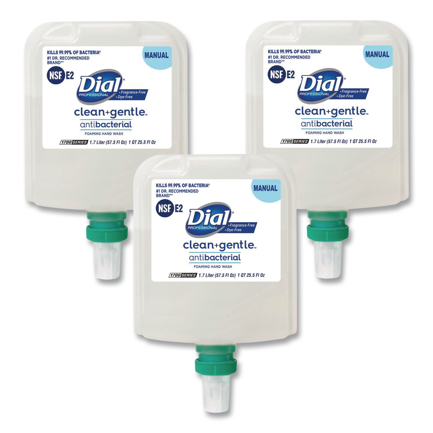 Clean+Gentle Antibacterial Foaming Hand Wash Refill for Dial 1700 Dispenser, Fragrance Free, 1.7 L, 3/Carton