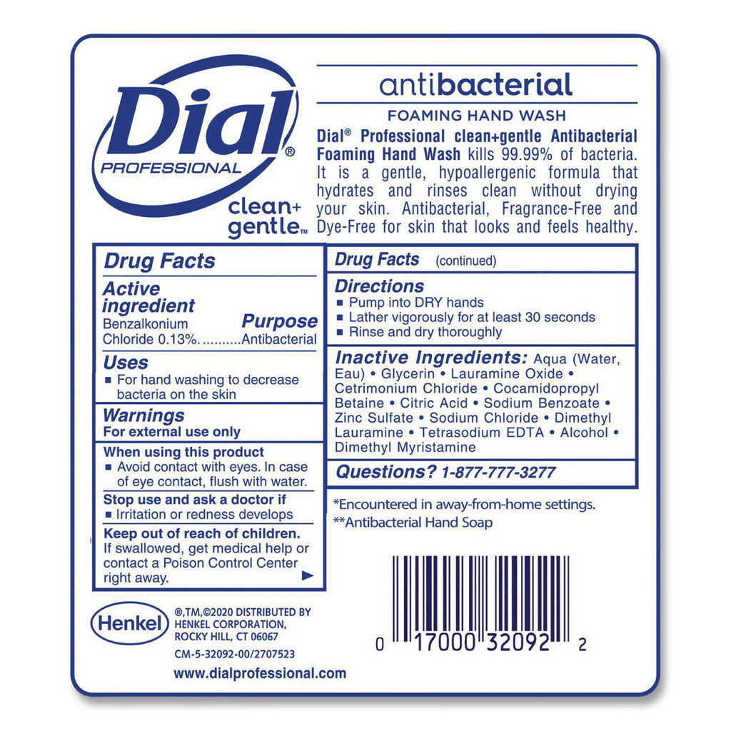 Clean+Gentle Antibacterial Foaming Hand Wash Refill for Dial 1700 Dispenser, Fragrance Free, 1.7 L, 3/Carton