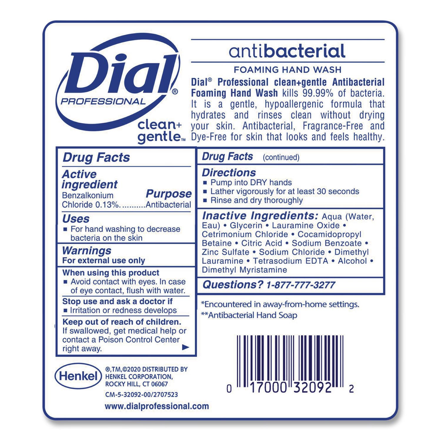 Clean+Gentle Antibacterial Foaming Hand Wash Refill for Dial 1700 Dispenser, Fragrance Free, 1.7 L, 3/Carton