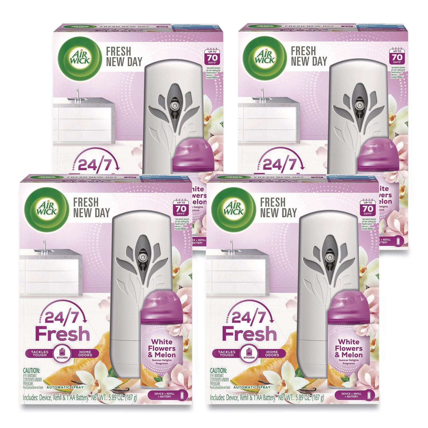 Freshmatic Life Scents Starter Kit, White Flowers and Melon Summer Delights, 5.89 oz Aerosol Spray, 4/Carton