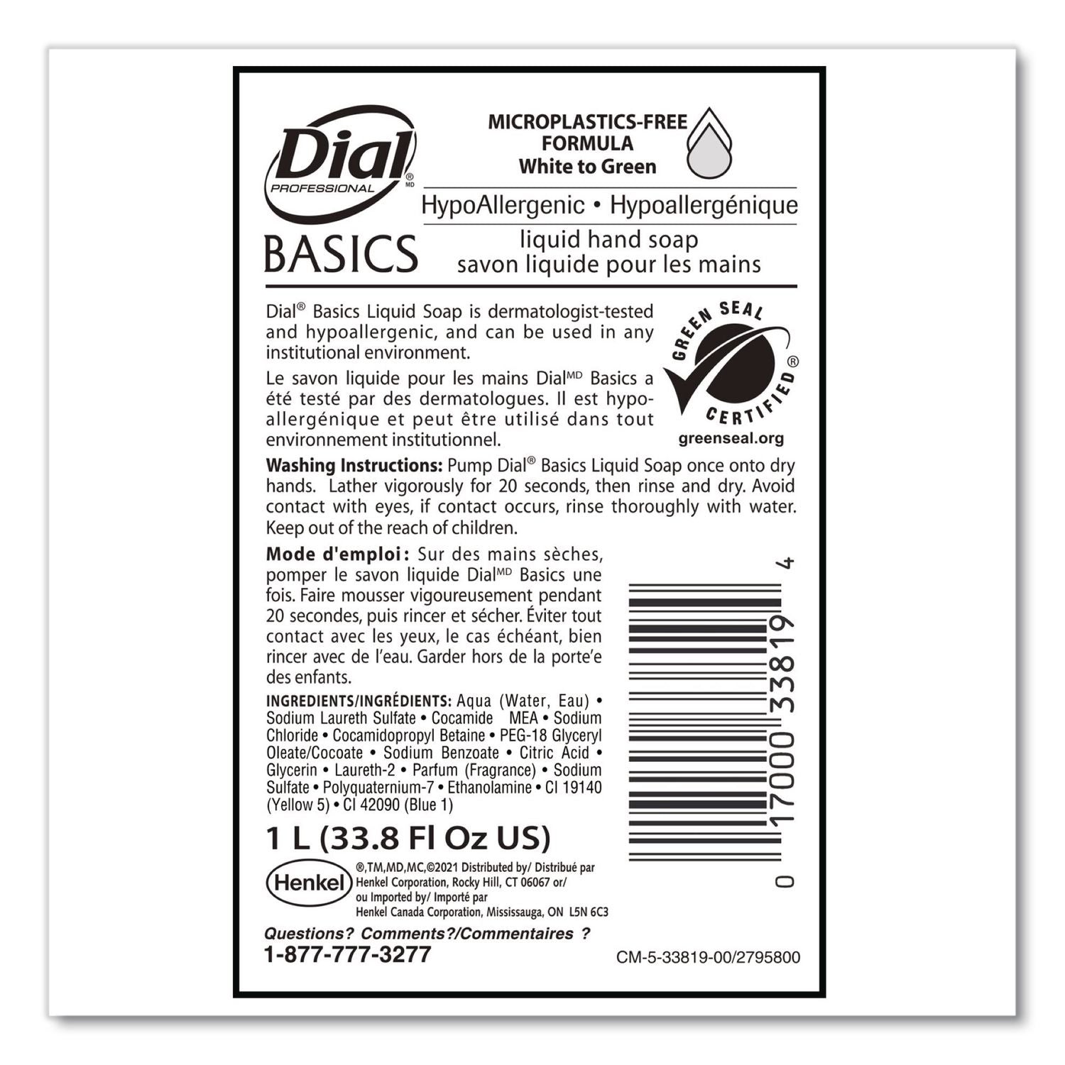 Basics MP Free Liquid Hand Soap, Unscented, 1 L Refill Bottle, 8/Carton