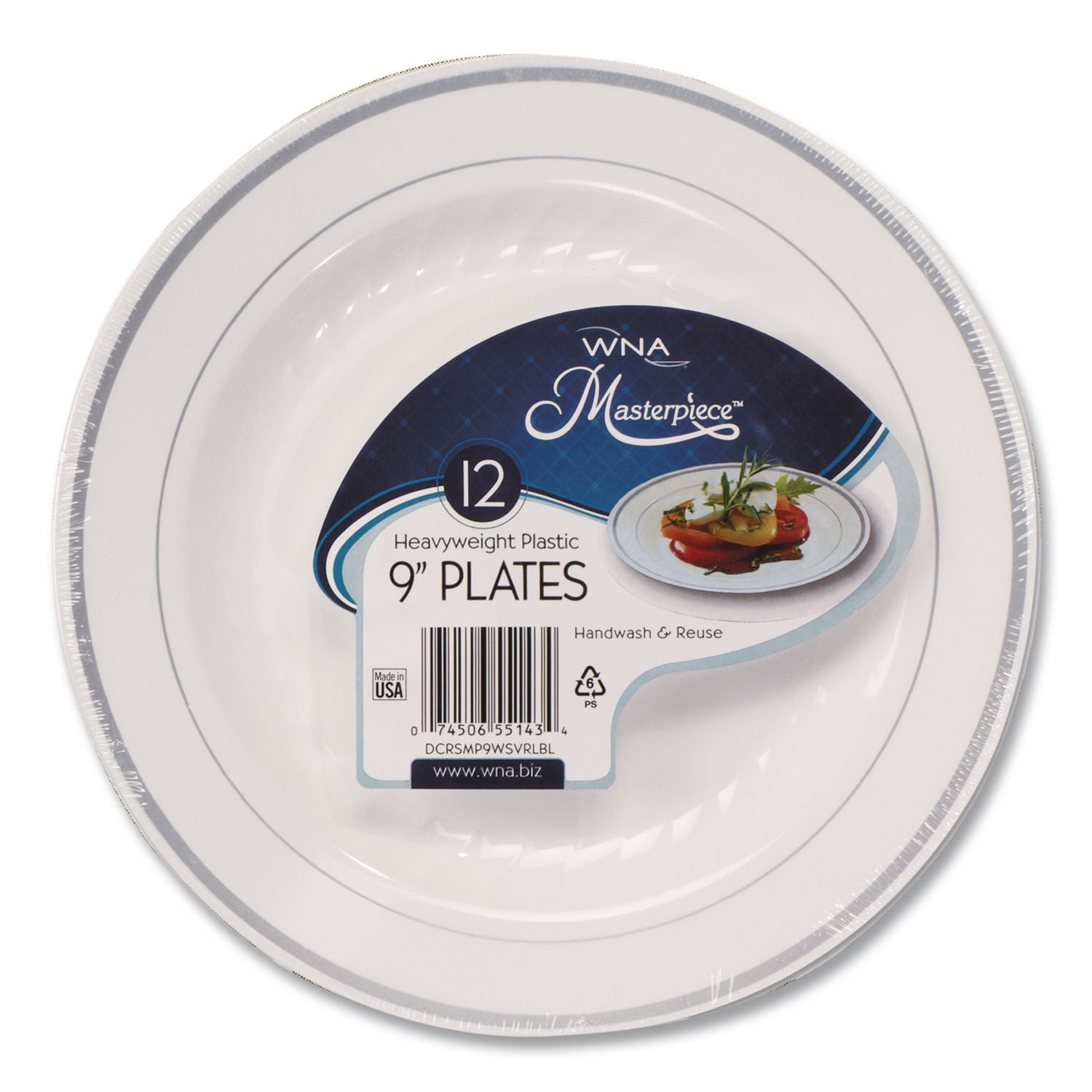 Masterpiece Plastic Dinnerware, 9" dia, White/Silver, 10/Pack