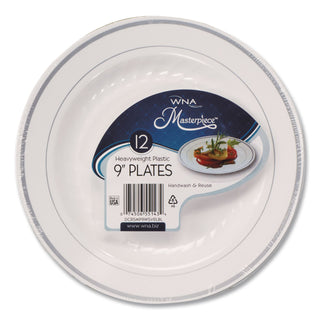 Masterpiece Plastic Dinnerware, 9" dia, White/Silver, 10/Pack