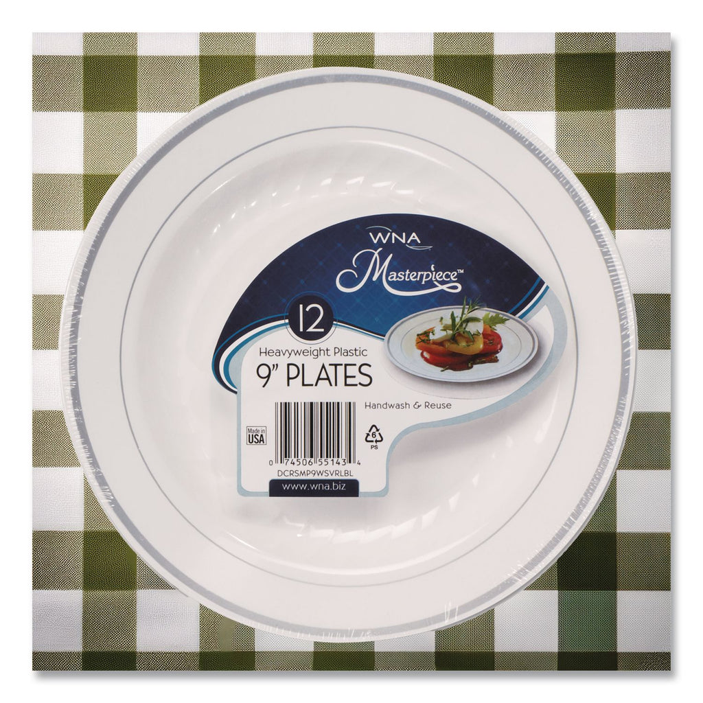 Masterpiece Plastic Plates, 9" dia, White/Silver, 10/Pack, 12 Packs/Carton