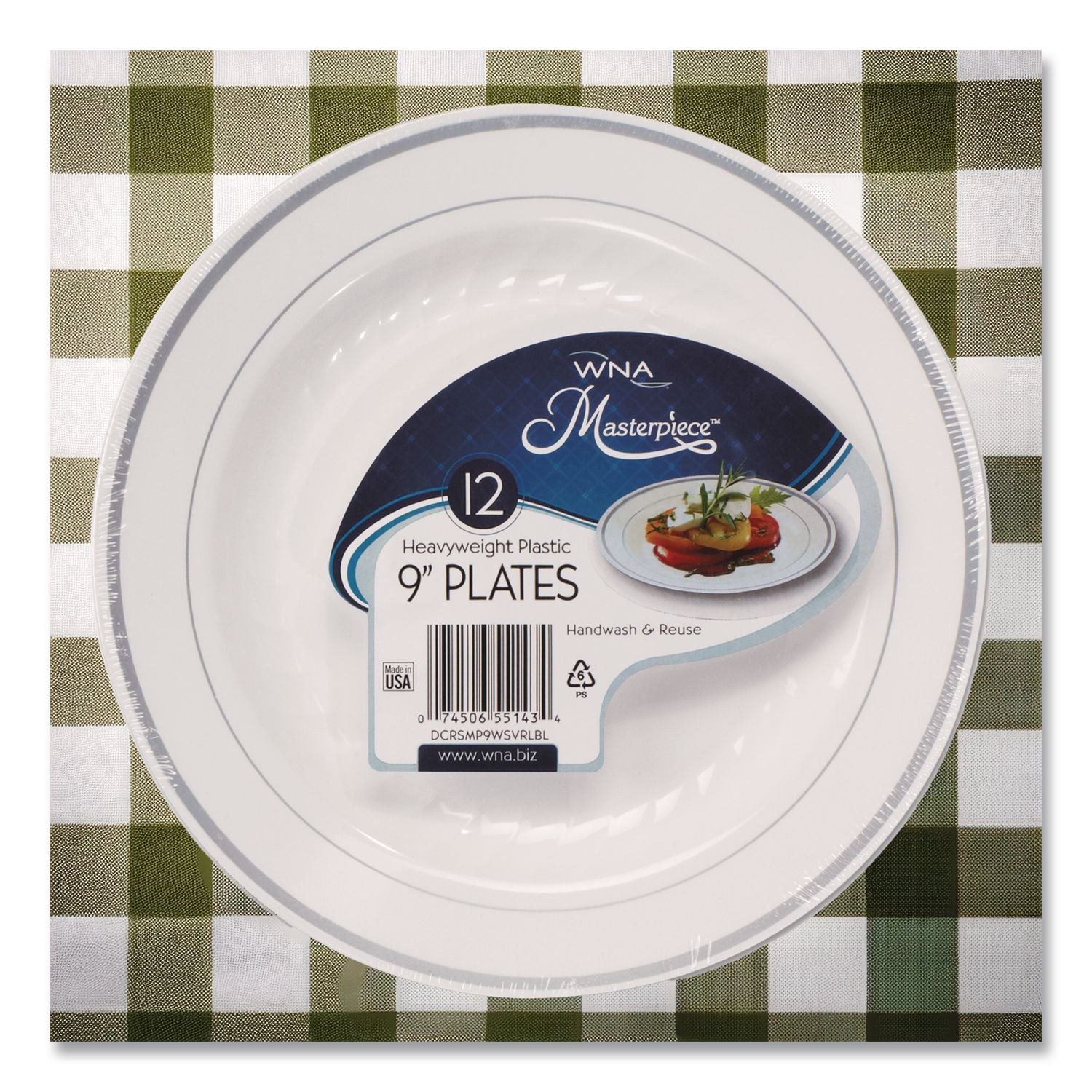 Masterpiece Plastic Plates, 9" dia, White/Silver, 10/Pack, 12 Packs/Carton