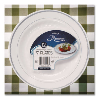 Masterpiece Plastic Plates, 9" dia, White/Silver, 10/Pack, 12 Packs/Carton