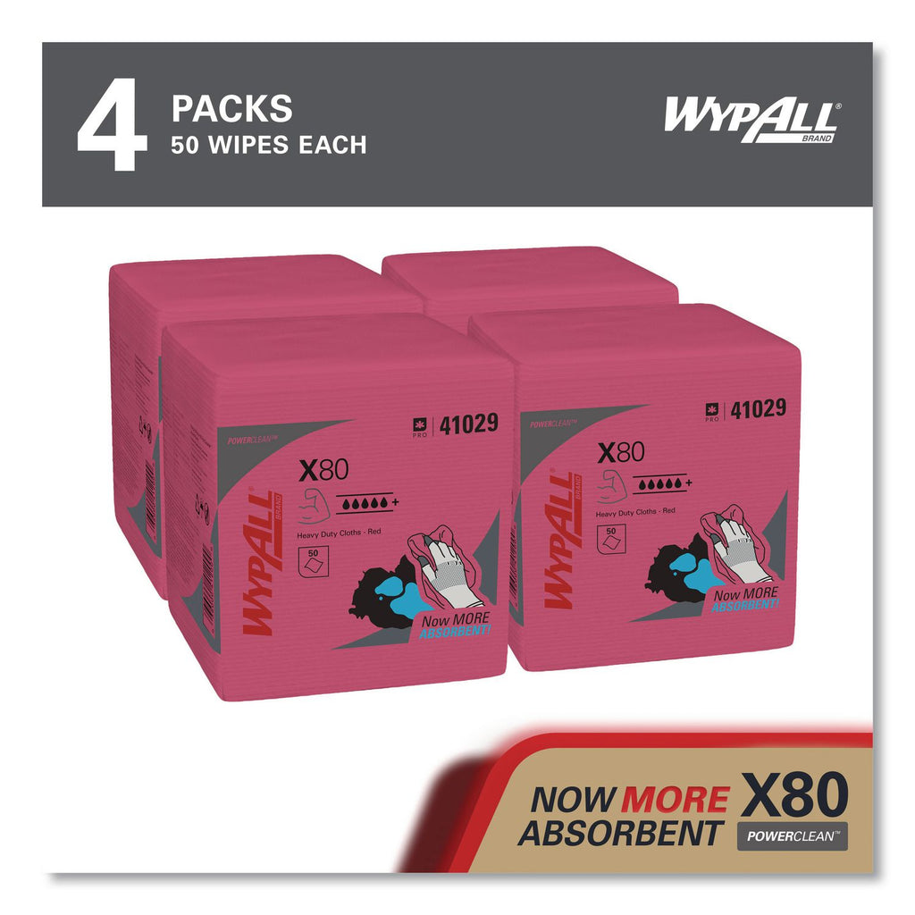 Power Clean X80 Heavy Duty Cloths,, 12.5 x 12, Red, 50/Box, 4 Boxes/Carton