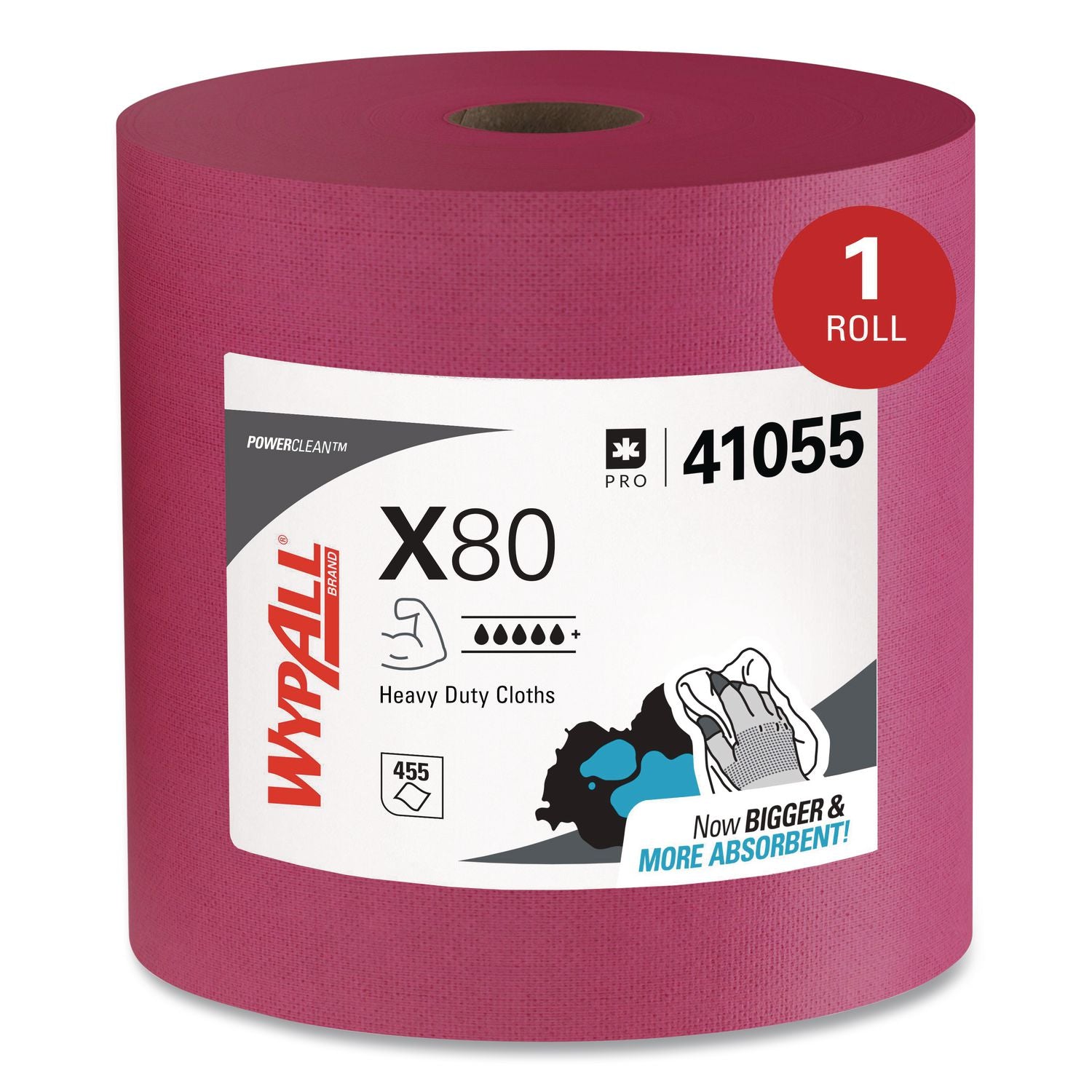 Power Clean X80 Heavy Duty Cloths, Jumbo Roll, 12.4 x 12.2, Red, 475 Wipers/Roll
