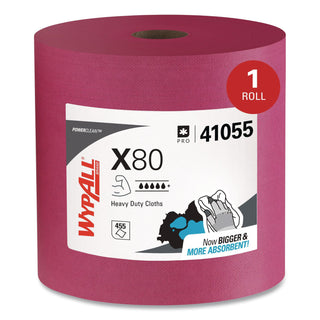 Power Clean X80 Heavy Duty Cloths, Jumbo Roll, 12.4 x 12.2, Red, 475 Wipers/Roll