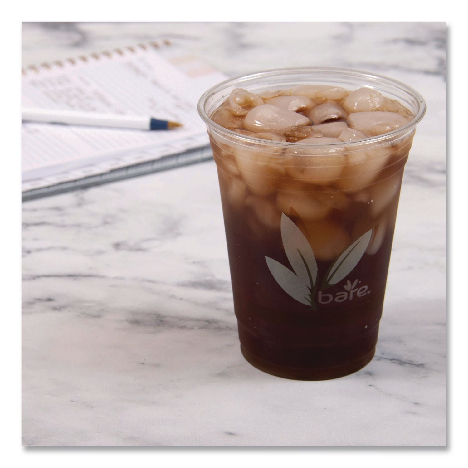 Bare Eco-Forward RPET Cold Cups, 16 oz to 18 oz, Leaf Design, Clear, 50/Pack