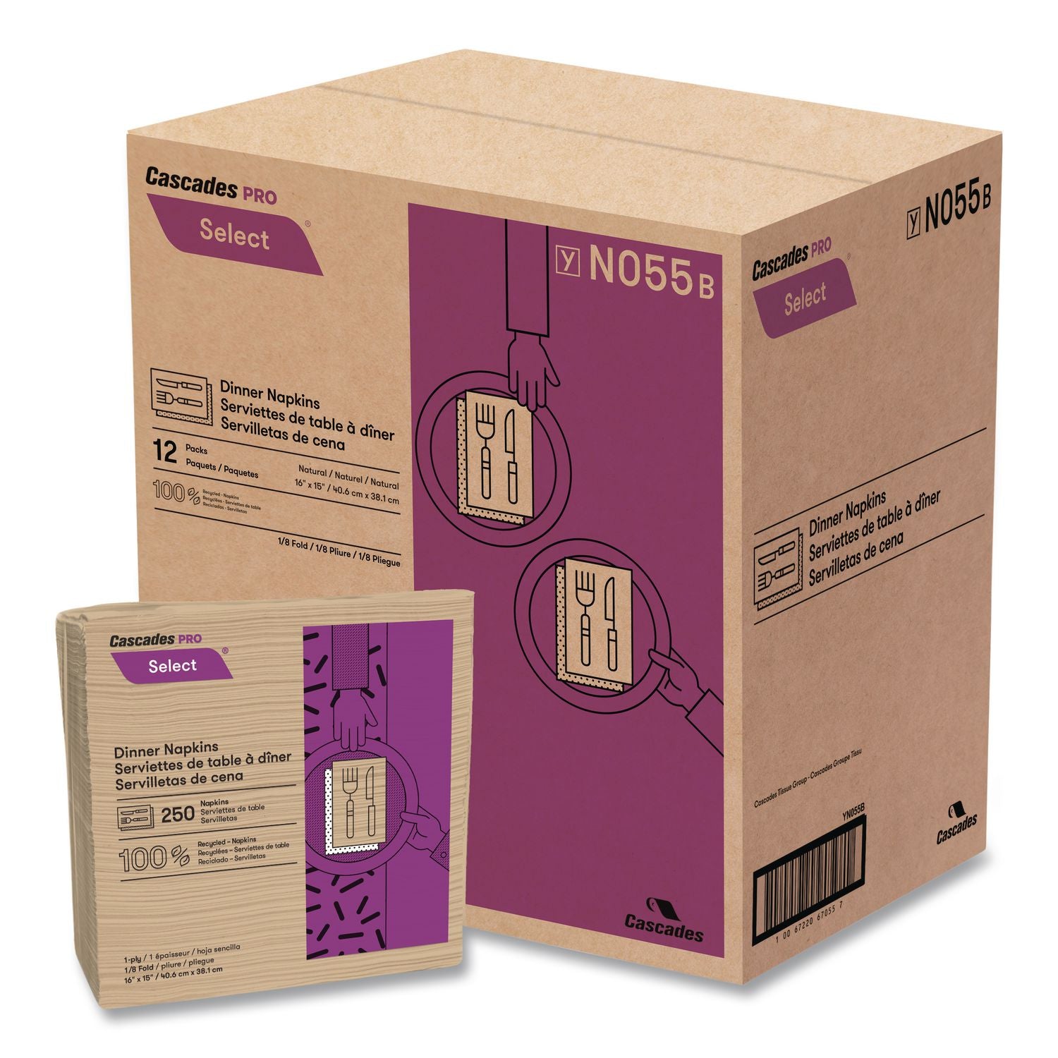 Select Dinner Napkins, 1-Ply, 16 x 15.5, Natural, 250/Pack, 12 Packs/Carton