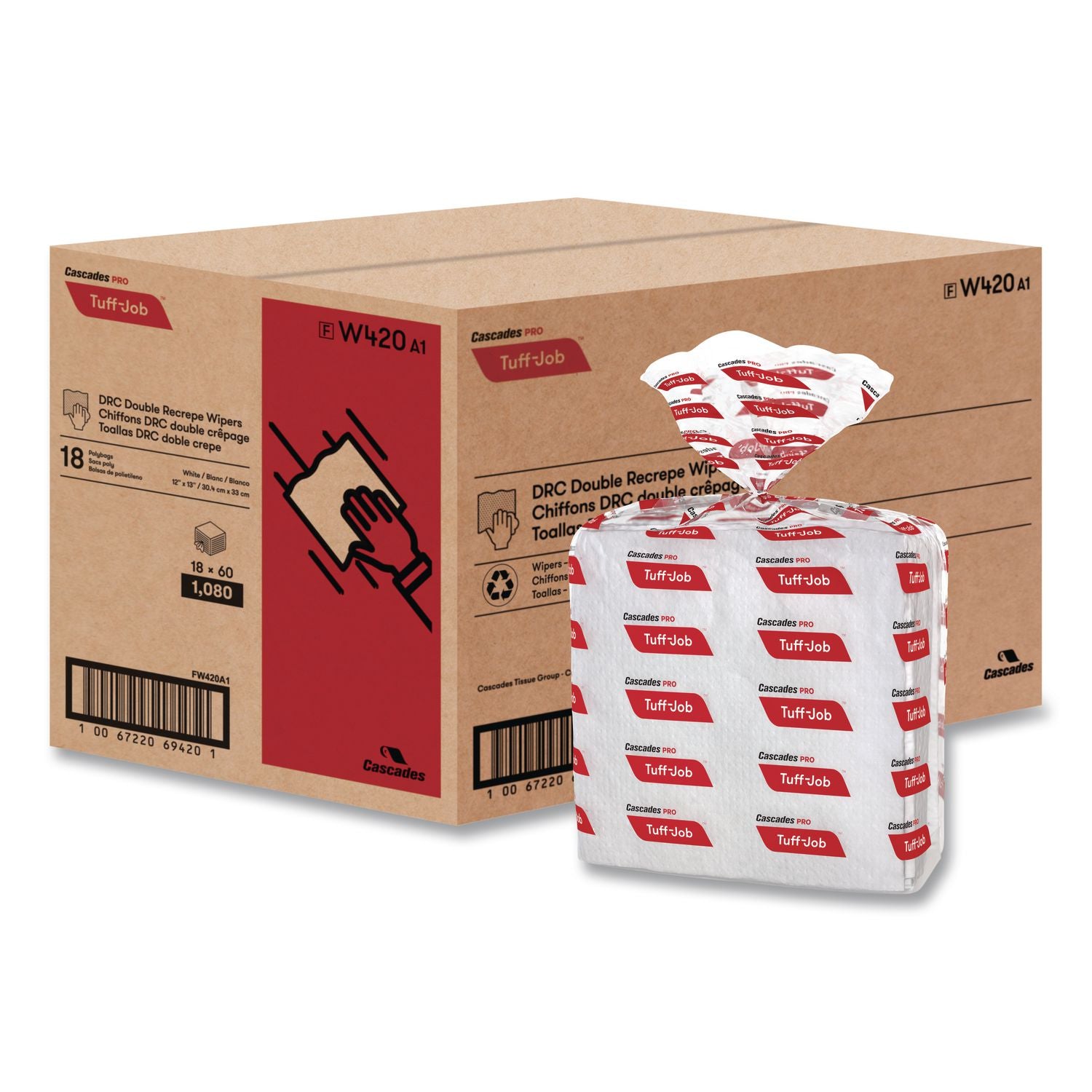 Tuff-Job S400 DRC Wipers, Medium, 12 x 13, White, 60/Pack, 18 Pack/Carton