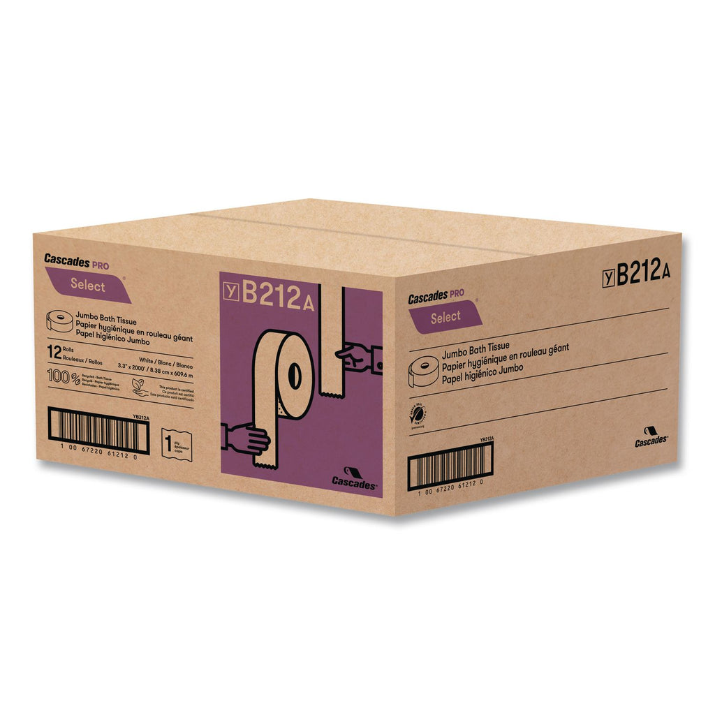 Select Jumbo Bath Tissue, Septic-Safe, 1-Ply, White, 3.3" x 2,000 ft, 12 Rolls/Carton