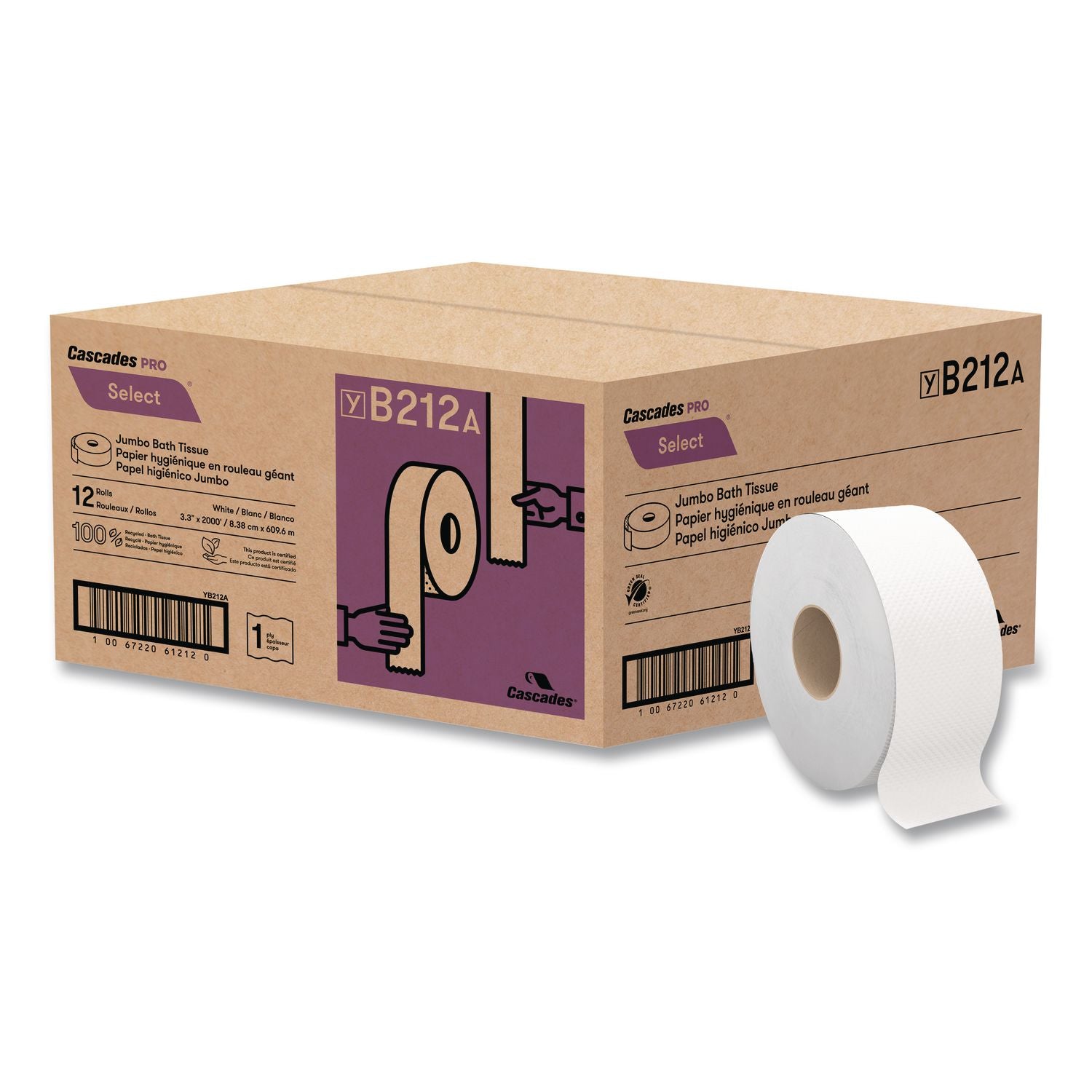 Select Jumbo Bath Tissue, Septic-Safe, 1-Ply, White, 3.3" x 2,000 ft, 12 Rolls/Carton