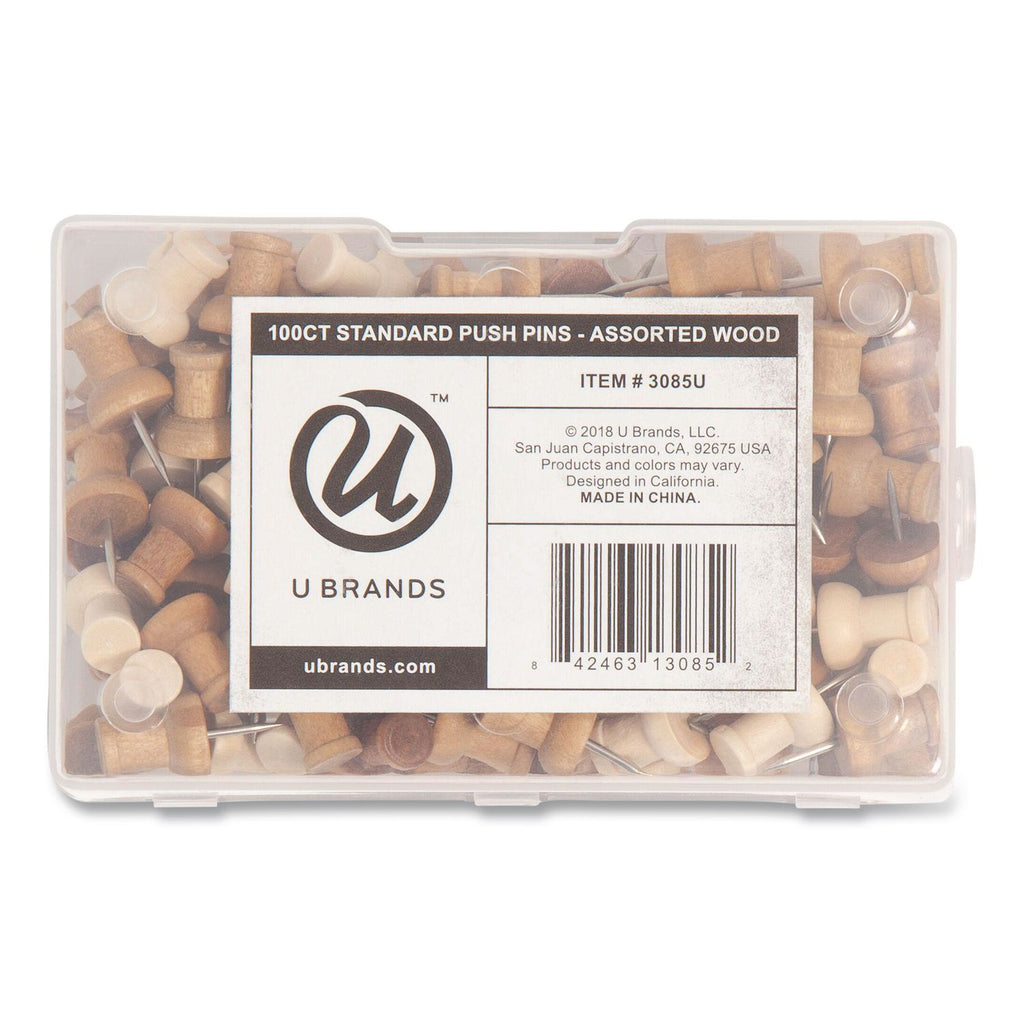 Fashion Push Pins, Wood, Assorted, 0.38", 100/Pack