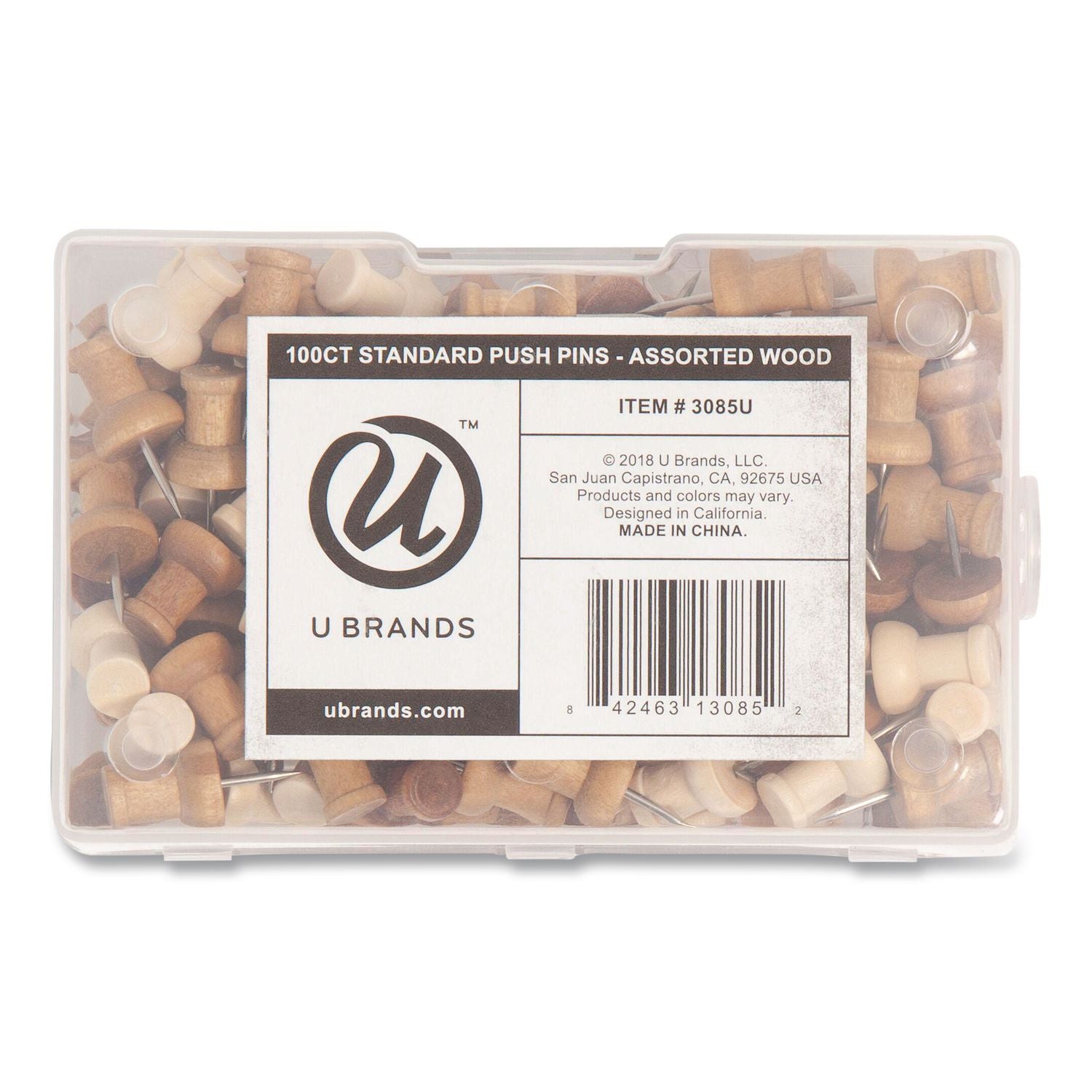 Fashion Push Pins, Wood, Assorted, 0.38", 100/Pack