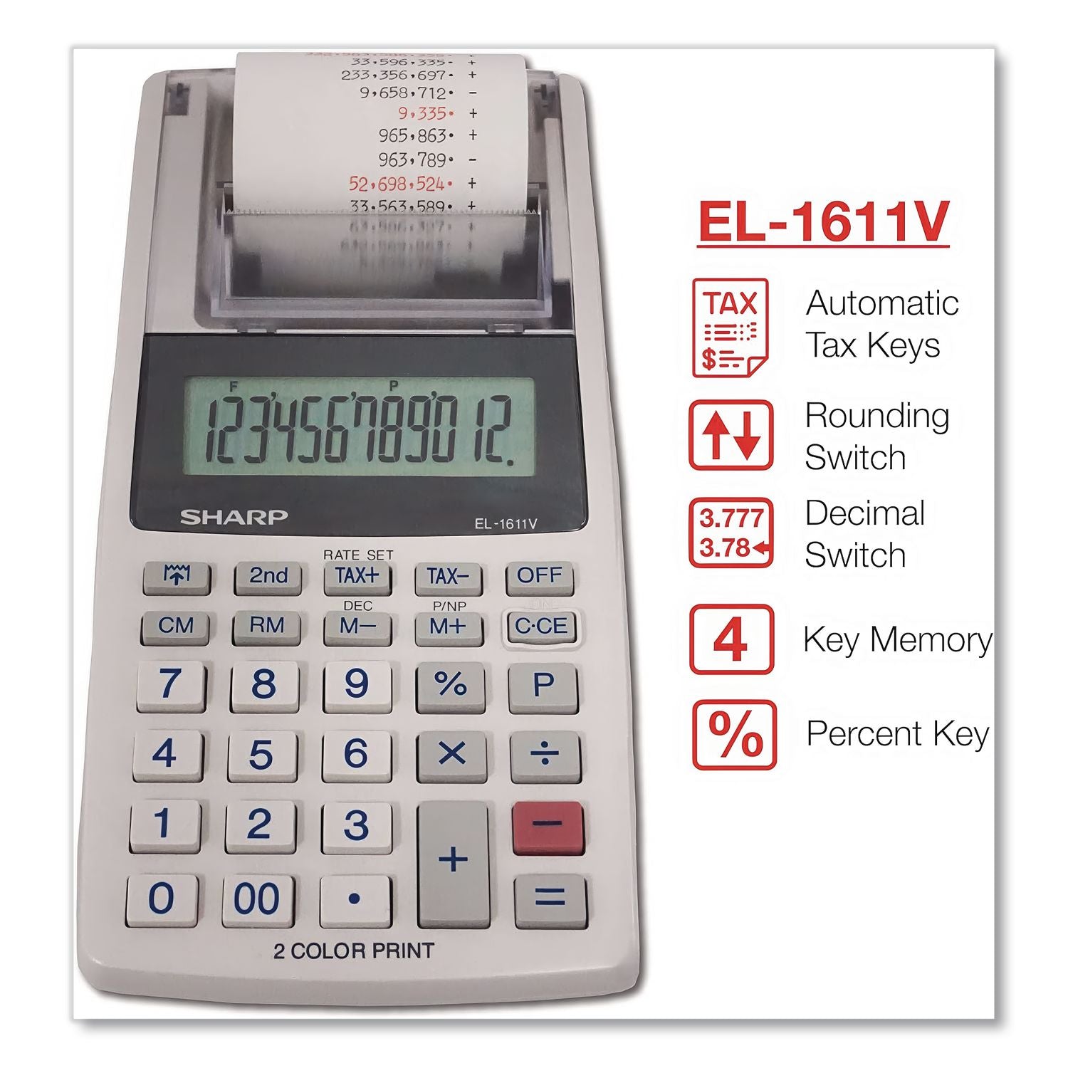 EL-1611V Printing Calculator, Black/Red Print, 2 Lines/Sec