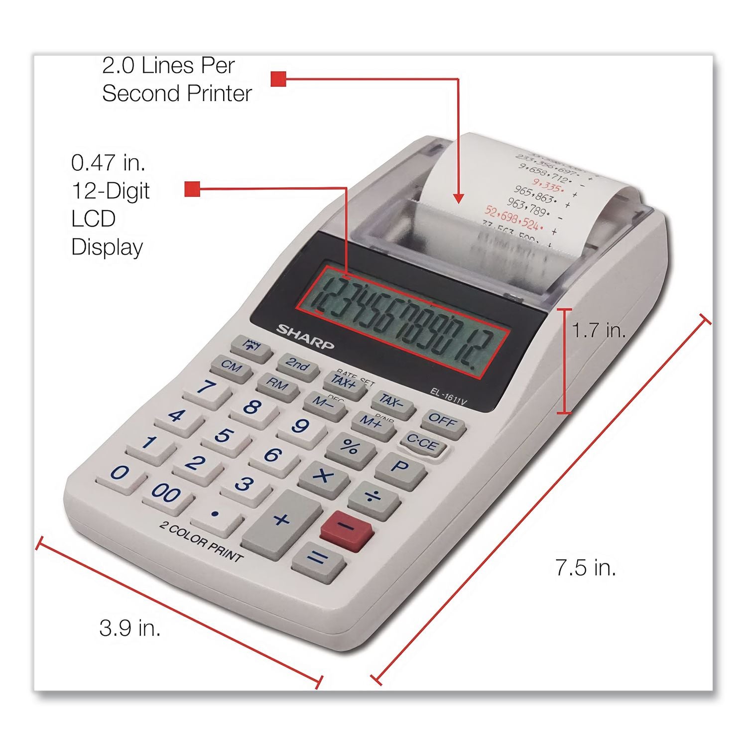 EL-1611V Printing Calculator, Black/Red Print, 2 Lines/Sec