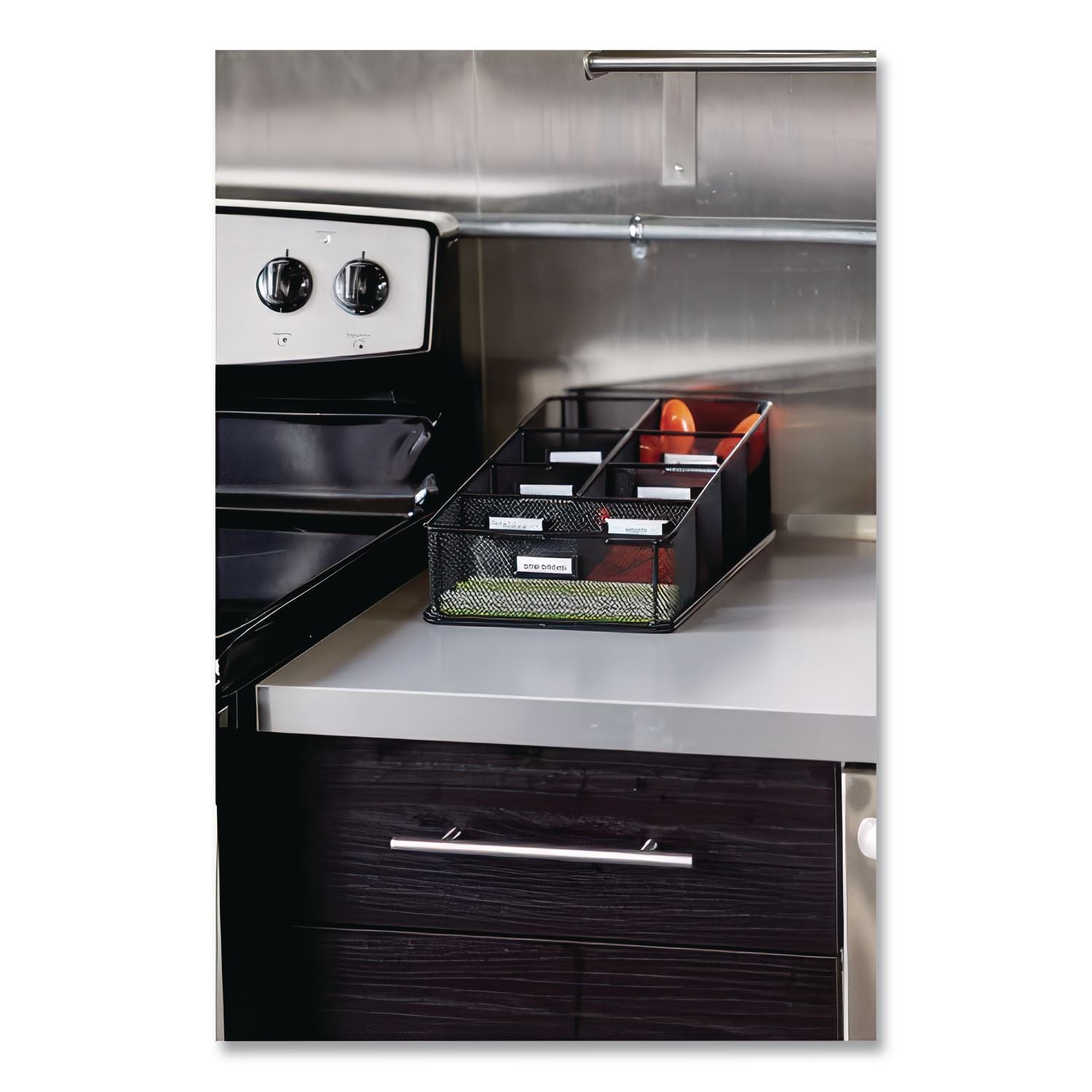 Onyx Breakroom Organizers, 7 Compartments, 16 x 8.5 x 5.25, Steel Mesh, Black