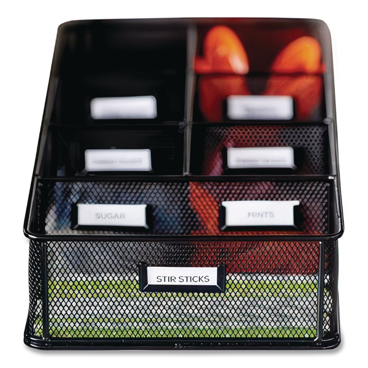 Onyx Breakroom Organizers, 7 Compartments, 16 x 8.5 x 5.25, Steel Mesh, Black