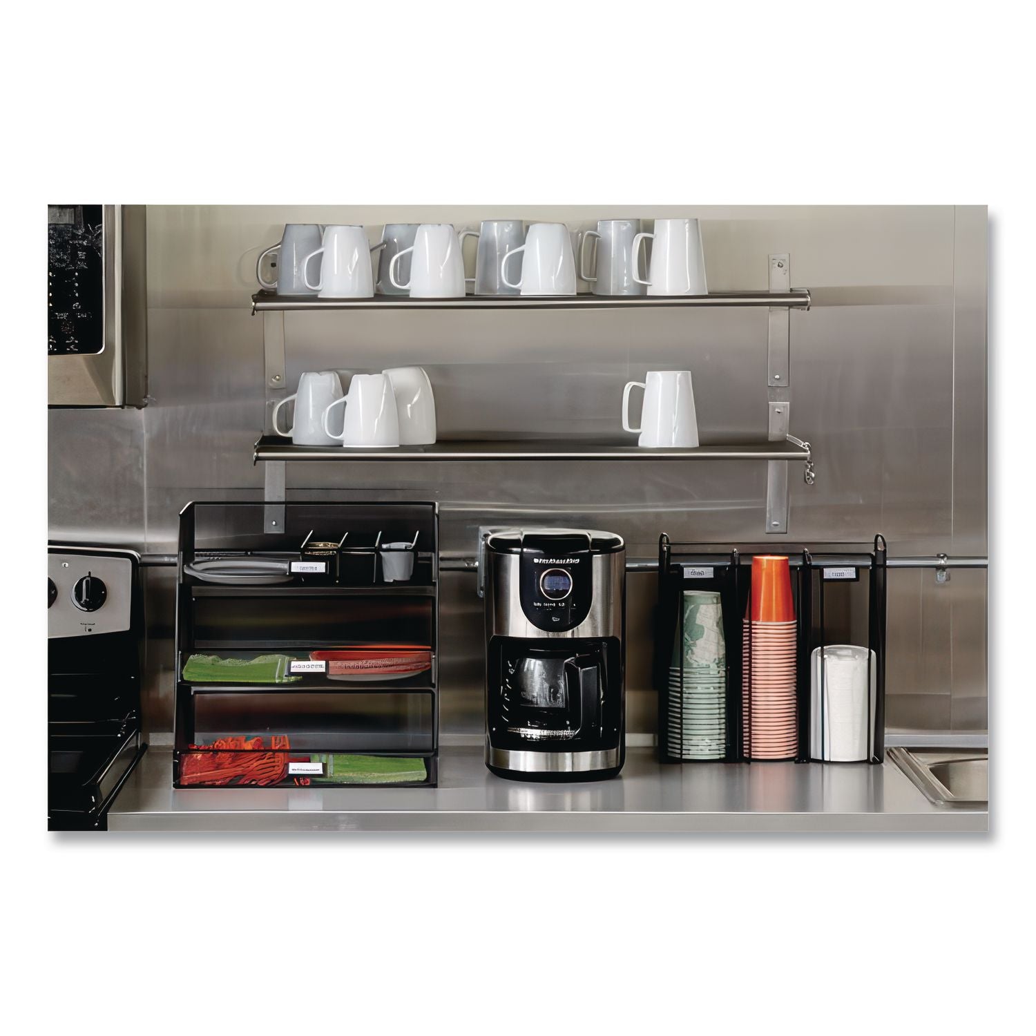 Onyx Breakroom Organizers, 3 Compartments,14.63 x 11.75 x 15, Steel Mesh, Black