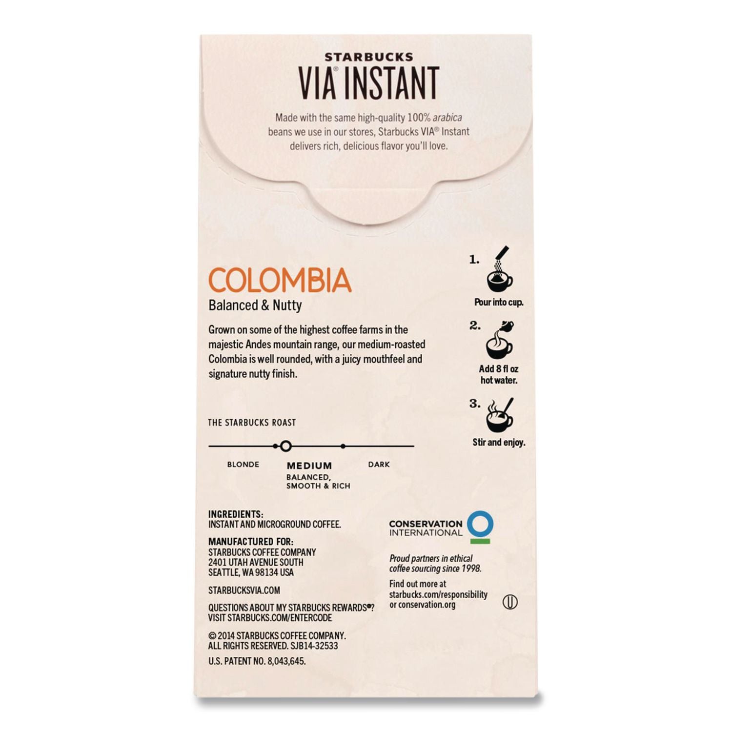 VIA Ready Brew Coffee, Colombia, 1.4 oz Packet, 8/Pack