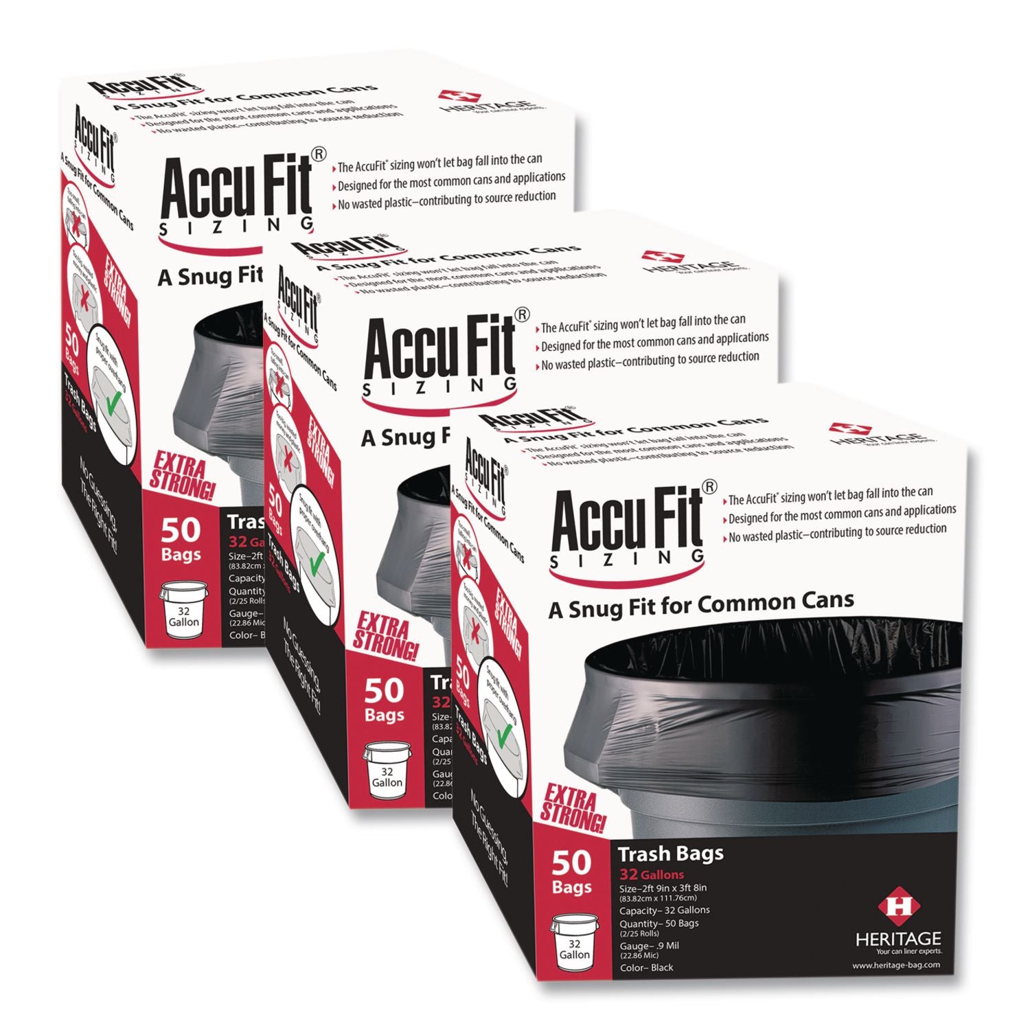 Linear Low Density Can Liners with AccuFit Sizing, 55 gal, 1.3 mil, 40" x 53", Black, 50 Bags/Box, 3 Boxes/Carton