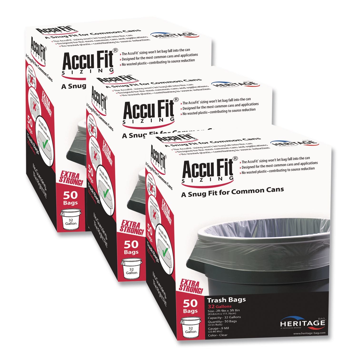 Linear Low Density Can Liners with AccuFit Sizing, 55 gal, 0.9 mil, 40" x 53", Clear, 50 Bags/Box, 3 Boxes/Carton