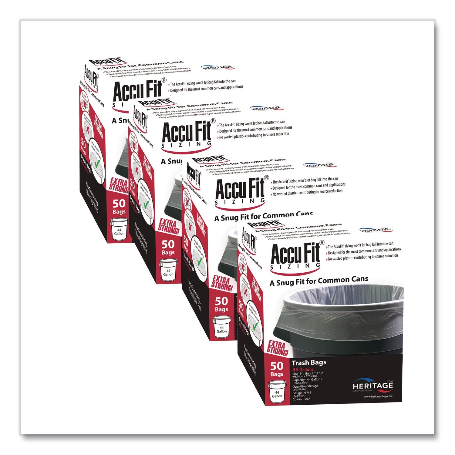 Linear Low Density Can Liners with AccuFit Sizing, 44 gal, 0.9 mil, 37" x 50", Clear, 50 Bags/Box, 4 Boxes/Carton