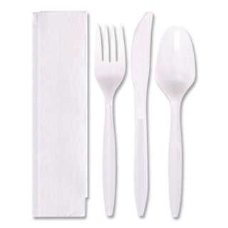 Economy Cutlery Kit, Fork/Knife/Spoon/Napkin, White, 250/Carton