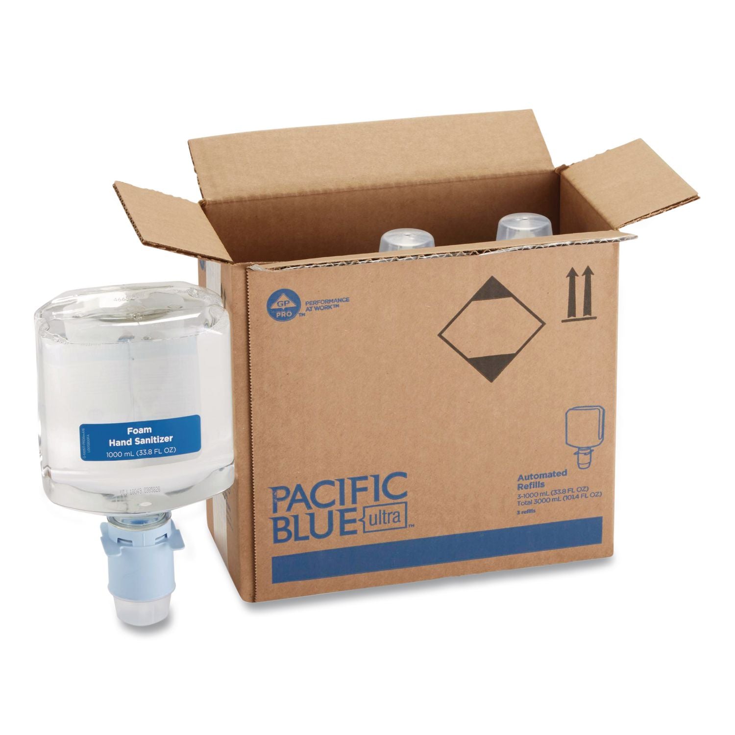 Pacific Blue Ultra Automated Sanitizer Dispenser Refill Foam Hand Sanitizer, 1,000 mL Bottle, Fragrance-Free, 3/Carton