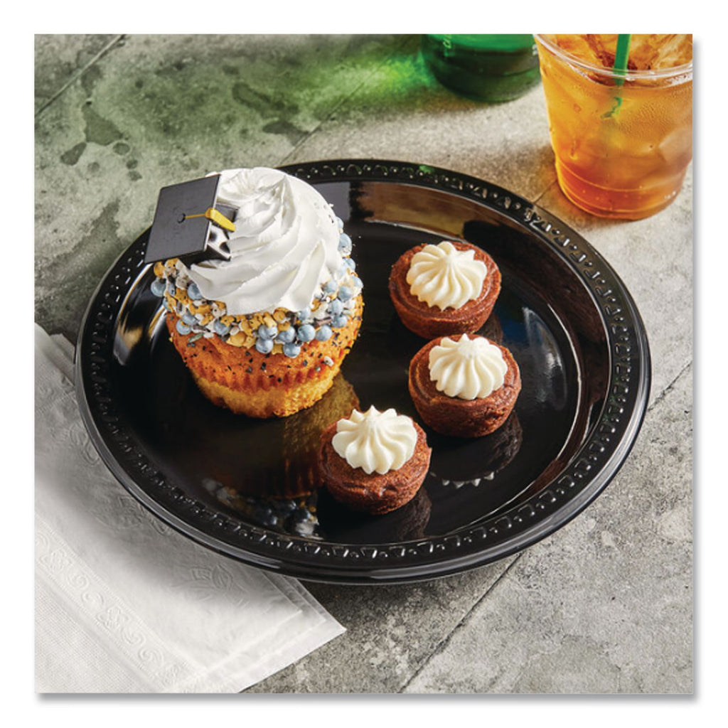 Heavyweight Plastic Plates, 10.25" dia, Black, 125/Pack, 4 Packs/Carton