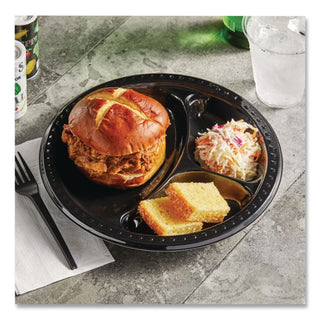 Heavyweight Plastic 3-Compartment Plates, 10.25" dia, Black, 125/Pack 4 Packs/Carton
